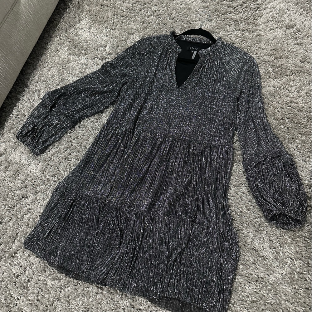 1. State Metallic Silver-Black Midi Dress